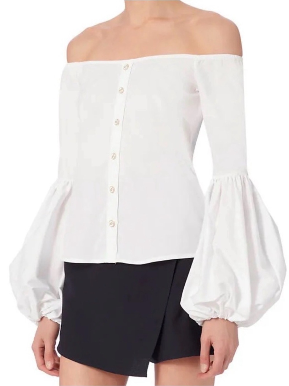 Caroline Constas White Off-The-Shoulder Button Front Top with Balloon Sleeves